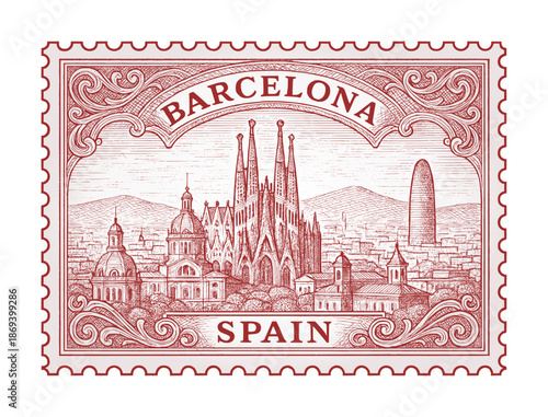 postage stamp depicts barcelona city - spain (sketch drawing)
