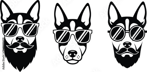 Stylized dog head silhouettes with sunglasses, beard, mustache, fashionable pet illustration for cool animal character vector design