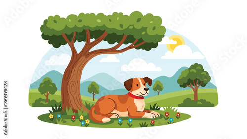 Flat vector illustration of a dog resting under a tree in nature, calm wildlife-inspired pet scene with grass, flowers, and peaceful outdoor mood