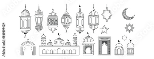 Collection of Islamic lanterns and crescent moons on transparent background