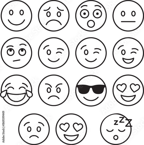 A collection of diverse black and white emoji faces displaying various emotions and expressions