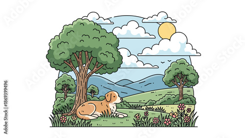 Flat vector illustration of a dog resting under a tree in nature, calm wildlife-inspired pet scene with grass, flowers, and peaceful outdoor mood