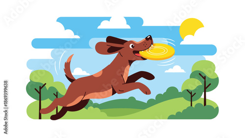 Vector illustration of a dog jumping to catch a frisbee, dynamic pet sports scene with motion and playful energy in a park setting