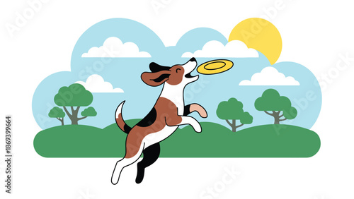 Vector illustration of a dog jumping to catch a frisbee, dynamic pet sports scene with motion and playful energy in a park setting