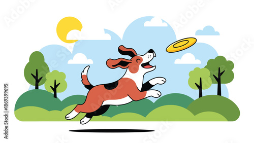 Vector illustration of a dog jumping to catch a frisbee, dynamic pet sports scene with motion and playful energy in a park setting