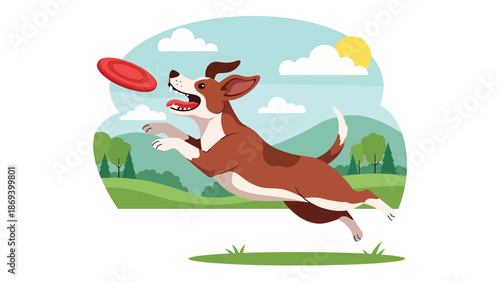 Vector illustration of a dog jumping to catch a frisbee, dynamic pet sports scene with motion and playful energy in a park setting