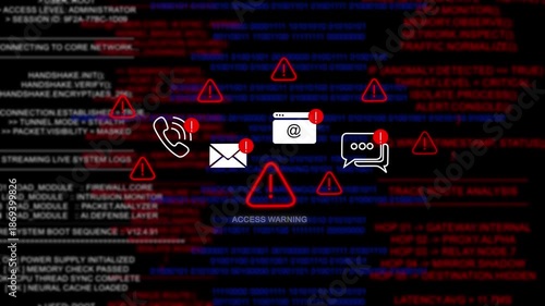 Cybersecurity alert concept showing system warning symbols in browser window interface, representing hacking threats, data breaches, and internet security issues in digital environments