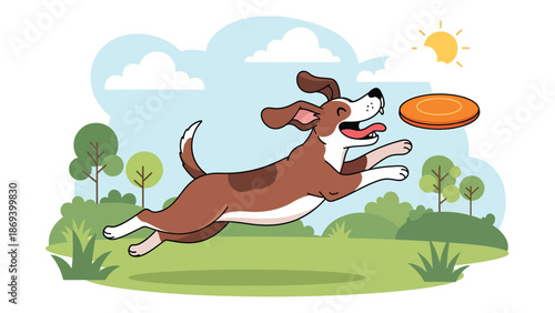 Vector illustration of a dog jumping to catch a frisbee, dynamic pet sports scene with motion and playful energy in a park setting