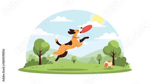 Vector illustration of a dog jumping to catch a frisbee, dynamic pet sports scene with motion and playful energy in a park setting