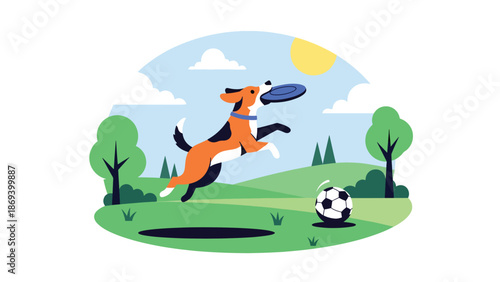 Vector illustration of a dog jumping to catch a frisbee, dynamic pet sports scene with motion and playful energy in a park setting