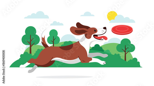 Vector illustration of a dog jumping to catch a frisbee, dynamic pet sports scene with motion and playful energy in a park setting