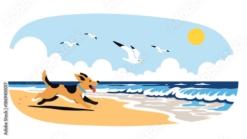 Flat vector illustration of a dog running along the beach, joyful seaside pet activity scene with waves, sand, and outdoor lifestyle atmosphere