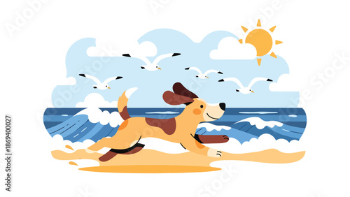 Flat vector illustration of a dog running along the beach, joyful seaside pet activity scene with waves, sand, and outdoor lifestyle atmosphere