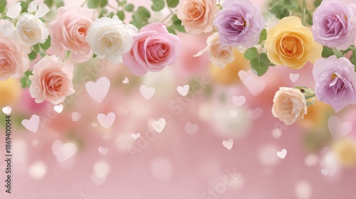 Gentle roses in shades of pink, purple, and yellow gracefully cascade against a dreamy background. Soft hearts float through the air, adding a whimsical touch to this enchanting scene
