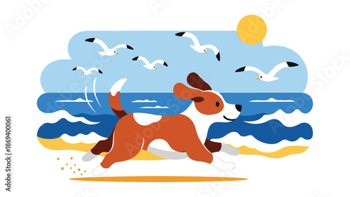 Flat vector illustration of a dog running along the beach, joyful seaside pet activity scene with waves, sand, and outdoor lifestyle atmosphere