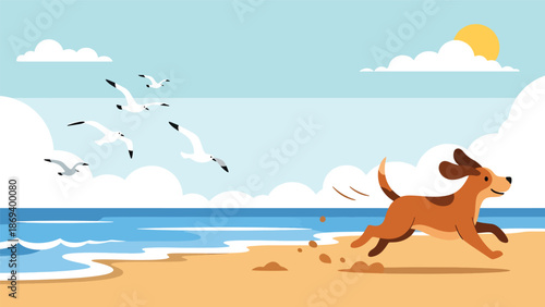 Flat vector illustration of a dog running along the beach, joyful seaside pet activity scene with waves, sand, and outdoor lifestyle atmosphere
