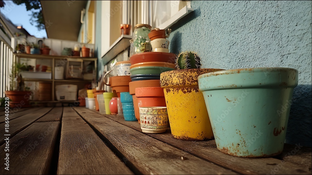 Obraz premium Casually Shot Balcony Corner with Clutter, Old Flower Pots and Plastic Containers, Plain Lighting, Slight Crop and Tilt, Realistic Urban Home Environment, No People