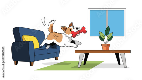 Flat vector illustration of a dog playing with a chew toy at home, cozy indoor pet lifestyle scene with simple furniture and relaxed mood