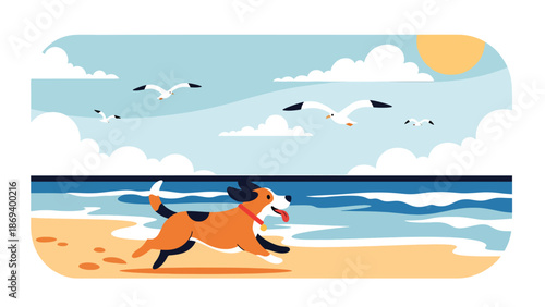 Flat vector illustration of a dog running along the beach, joyful seaside pet activity scene with waves, sand, and outdoor lifestyle atmosphere
