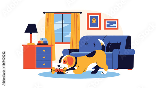 Flat vector illustration of a dog playing with a chew toy at home, cozy indoor pet lifestyle scene with simple furniture and relaxed mood