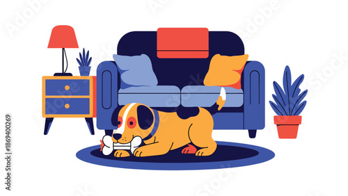 Flat vector illustration of a dog playing with a chew toy at home, cozy indoor pet lifestyle scene with simple furniture and relaxed mood