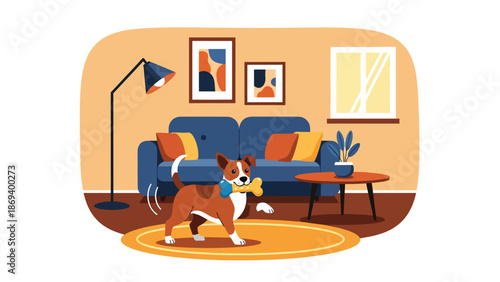 Flat vector illustration of a dog playing with a chew toy at home, cozy indoor pet lifestyle scene with simple furniture and relaxed mood