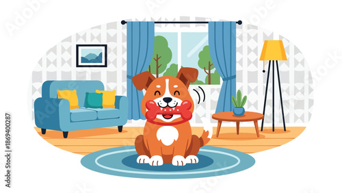 Flat vector illustration of a dog playing with a chew toy at home, cozy indoor pet lifestyle scene with simple furniture and relaxed mood