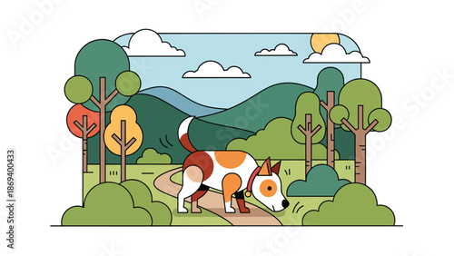 Vector illustration of a dog exploring a forest trail, wildlife-inspired pet adventure scene with trees, bushes, and natural curiosity theme