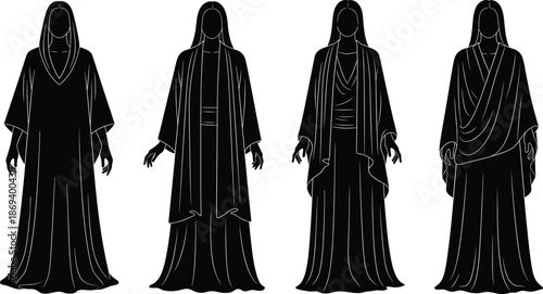 Stylized silhouette vector illustration of robed figures with unique fashion garment designs, costume concepts, draping styles, and creative outlines