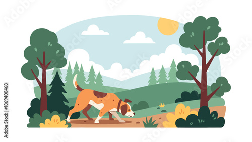 Vector illustration of a dog exploring a forest trail, wildlife-inspired pet adventure scene with trees, bushes, and natural curiosity theme