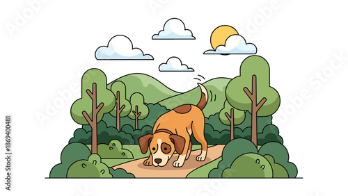 Vector illustration of a dog exploring a forest trail, wildlife-inspired pet adventure scene with trees, bushes, and natural curiosity theme
