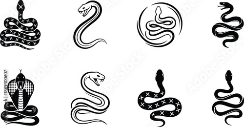 Stylized snake vector illustration set with cobra, coiled serpent, artistic reptile designs, black and white tattoo logo collection