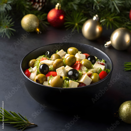 olivier salad in a black bowl on a dark background