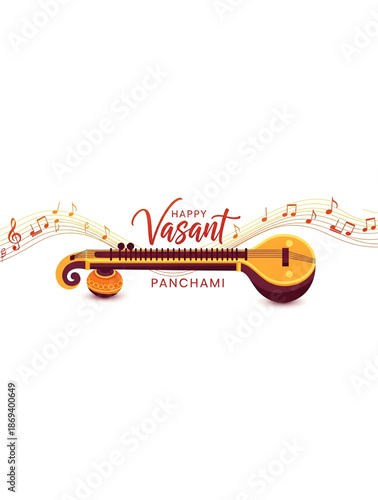 Vasant panchami veena illustration with musical notes expressing indian culture knowledge education creativity devotion tradition and festive design use for branding