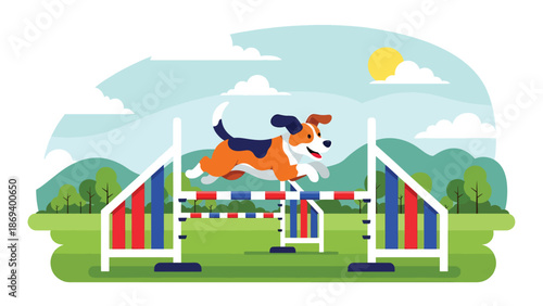 Flat vector illustration of a dog jumping over agility hurdles, energetic pet sports competition scene with training field and active motion