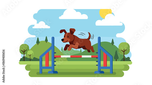 Flat vector illustration of a dog jumping over agility hurdles, energetic pet sports competition scene with training field and active motion