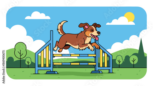 Flat vector illustration of a dog jumping over agility hurdles, energetic pet sports competition scene with training field and active motion