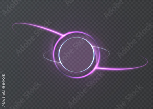 A glowing purple orbital ring with a light trail, isolated on a transparent background. A glowing circular energy loop for overlays in design and illustrations.