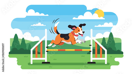 Flat vector illustration of a dog jumping over agility hurdles, energetic pet sports competition scene with training field and active motion