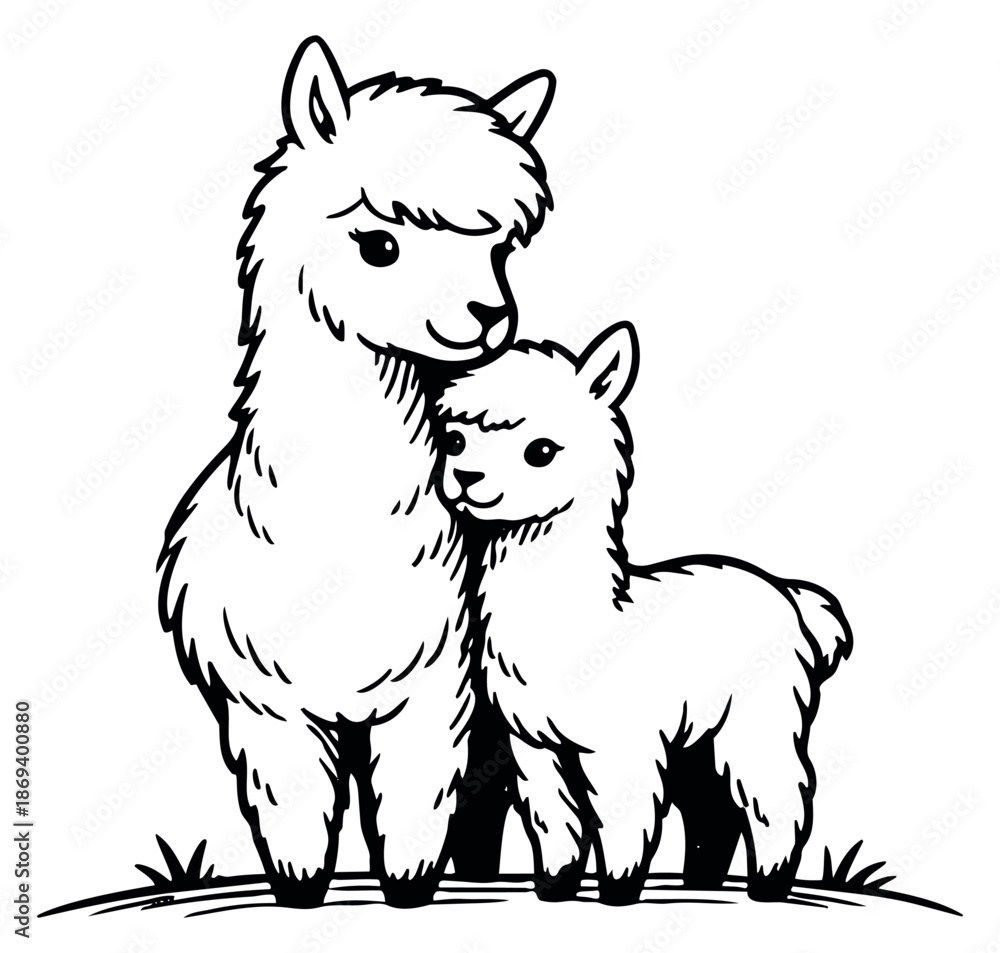 Obraz premium Hand drawn line art illustration of an alpaca mother and baby depicting affection for children's designs