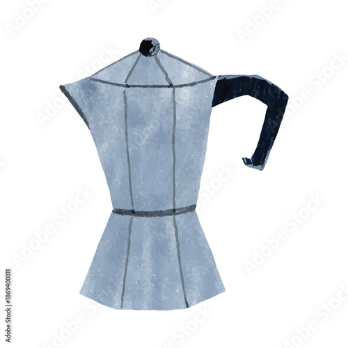 Hand painted moka pot coffee maker illustration with textured vintage style. Suitable for coffee-themed designs, cafe illustrations, kitchen decor, and lifestyle branding.