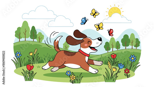 Flat vector illustration of a dog chasing butterflies in a meadow, playful nature interaction scene with flowers and joyful pet behavior