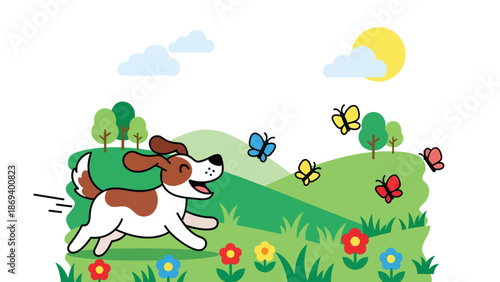 Flat vector illustration of a dog chasing butterflies in a meadow, playful nature interaction scene with flowers and joyful pet behavior