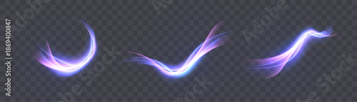 Purple light streams with a weaving effect. Elegant glowing curves for designer overlays and illustrations.