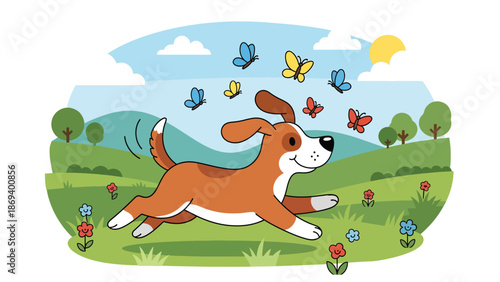Flat vector illustration of a dog chasing butterflies in a meadow, playful nature interaction scene with flowers and joyful pet behavior