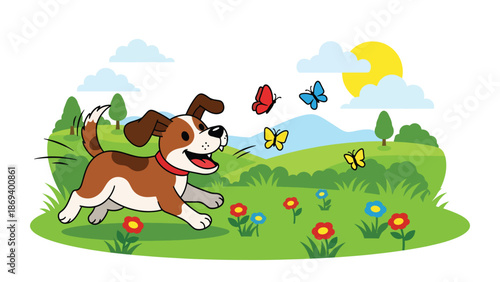 Flat vector illustration of a dog chasing butterflies in a meadow, playful nature interaction scene with flowers and joyful pet behavior
