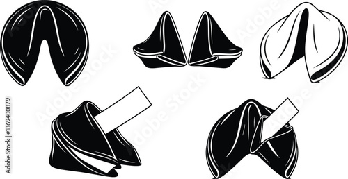Stylized vector fortune cookies with paper slips in abstract and realistic designs for Asian food, culture, branding, and illustration use.