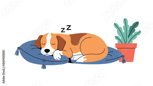 Vector illustration of a dog sleeping peacefully on a cushion, calm pet lifestyle scene with cozy indoor atmosphere and relaxation theme