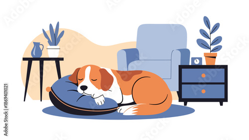 Vector illustration of a dog sleeping peacefully on a cushion, calm pet lifestyle scene with cozy indoor atmosphere and relaxation theme