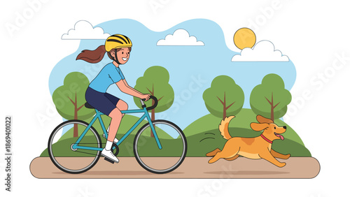 Flat vector illustration of a dog running beside a cyclist, active outdoor lifestyle scene showing fitness, companionship, and motion